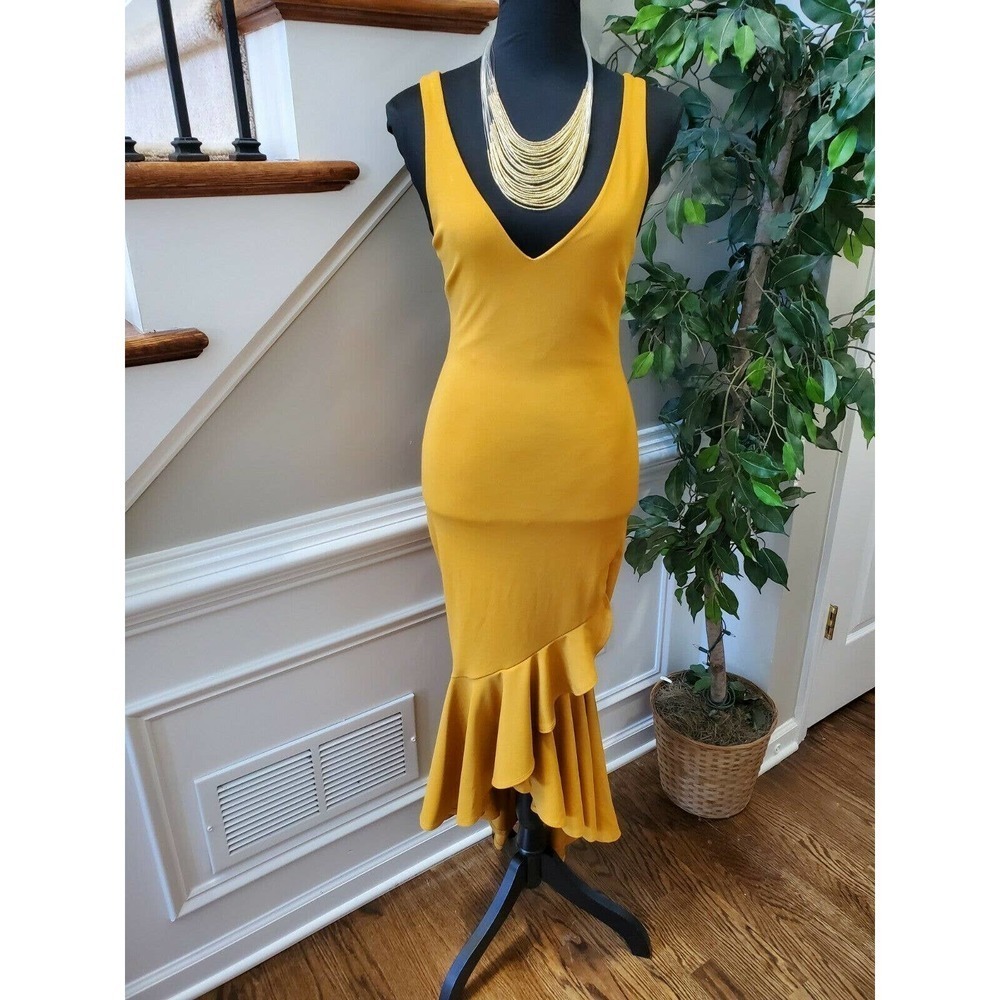 Fashion Nova Women's Yellow Ruffle Sleeveless V-Neck Knee Length Dress Size S